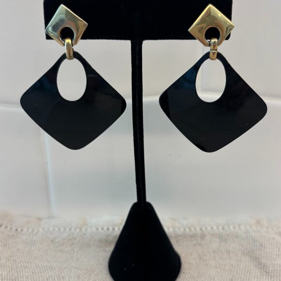 CrownTrifari Dangle Earrings - Black and Gold Tone - Picture 1 of 3